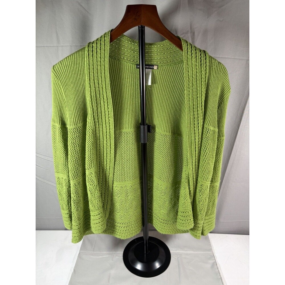 Sweaterworks Lime Green Open Front Pointelle Knit Cardigan Womens Medium